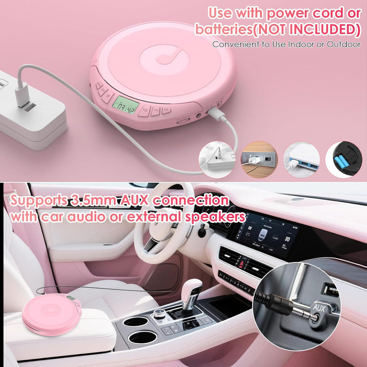 Gueray CD Player Tragbar Kinder Tragbarer CD-Player fürs Auto Discman mit Kopfhörer LCD-Display Unte