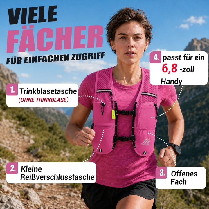 Laufweste Damen mit 500ml Trinkflasche/2L Trinkblase, Leichter Trinkrucksack Laufen Herren 6L, Runin