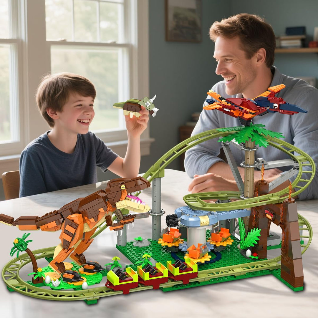 HOGOKIDS Dinosaurier Achterbahn Bausteine Spielzeug – 1222pcs Achterbahn Bauspielzeug mit 4 Dinosaur