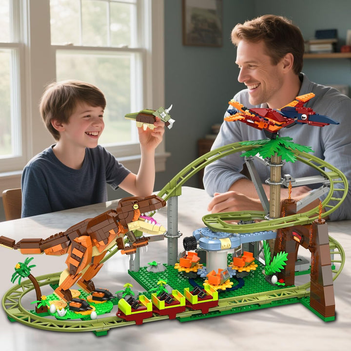HOGOKIDS Dinosaurier Achterbahn Bausteine Spielzeug – 1222pcs Achterbahn Bauspielzeug mit 4 Dinosaur