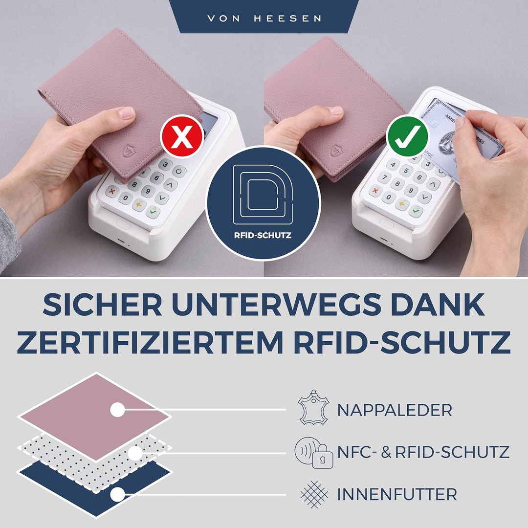 VON HEESEN Leder Geldbörse RFID Schutz I Echtleder Geldbeutel für Damen & Herren I Portemonnaie Brie