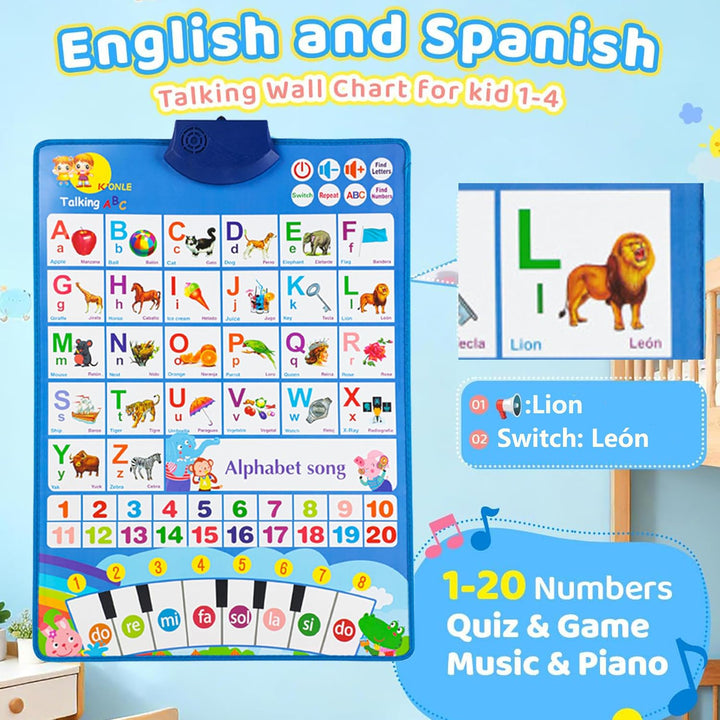 Bildungsspielzeug Spanisch Englisch Wanddiagramm Klavier Musik Plakat Zahlen 1-20 Kinder Montessori