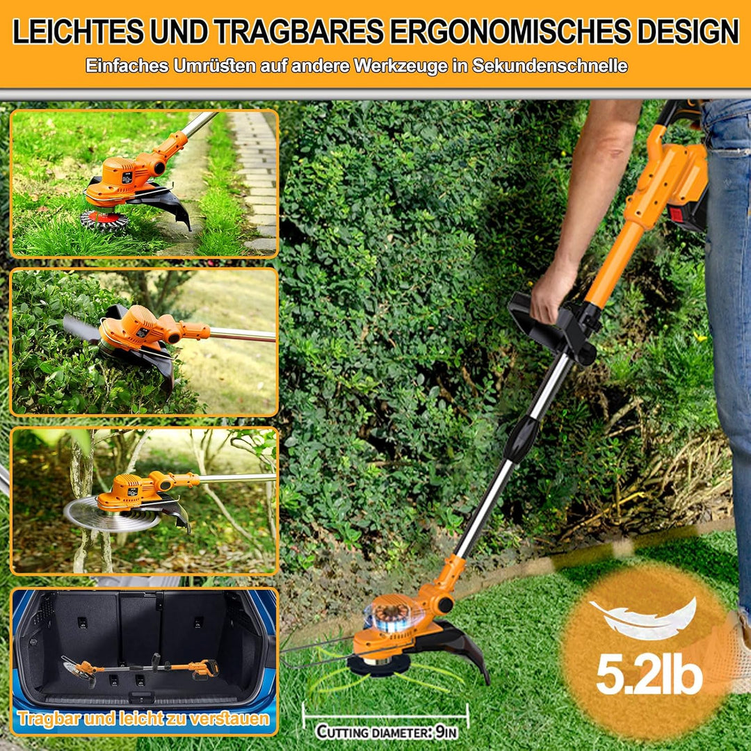 Akku Rasentrimmer mit Akku und Unkrautbürste 4 in 1 Bürstenloser Akku Freischneider Elektro Motorsen