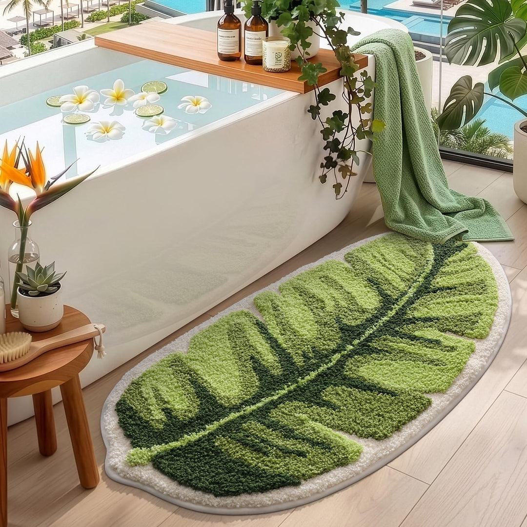 DEXI Badezimmerteppich 50 x 100 cm, Badematte rutschfest Absorbierende mit Monstera Pflanzenmuster,