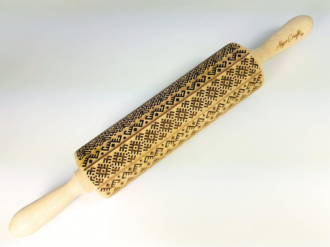 ETHNOBAND Nudelholz für hausgemachtes Gebäck und Keramik. Teigroller mit Volksmotiv für Teig & Plätz