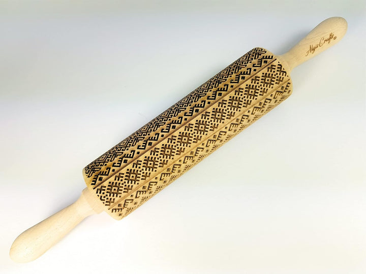 ETHNOBAND Nudelholz für hausgemachtes Gebäck und Keramik. Teigroller mit Volksmotiv für Teig & Plätz