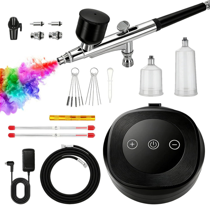 Airbrush Set, mit Kompressor, 3-stufige Druckregelung (bis 60 PSI), 5 Düsen und Zubehör, für Modellb