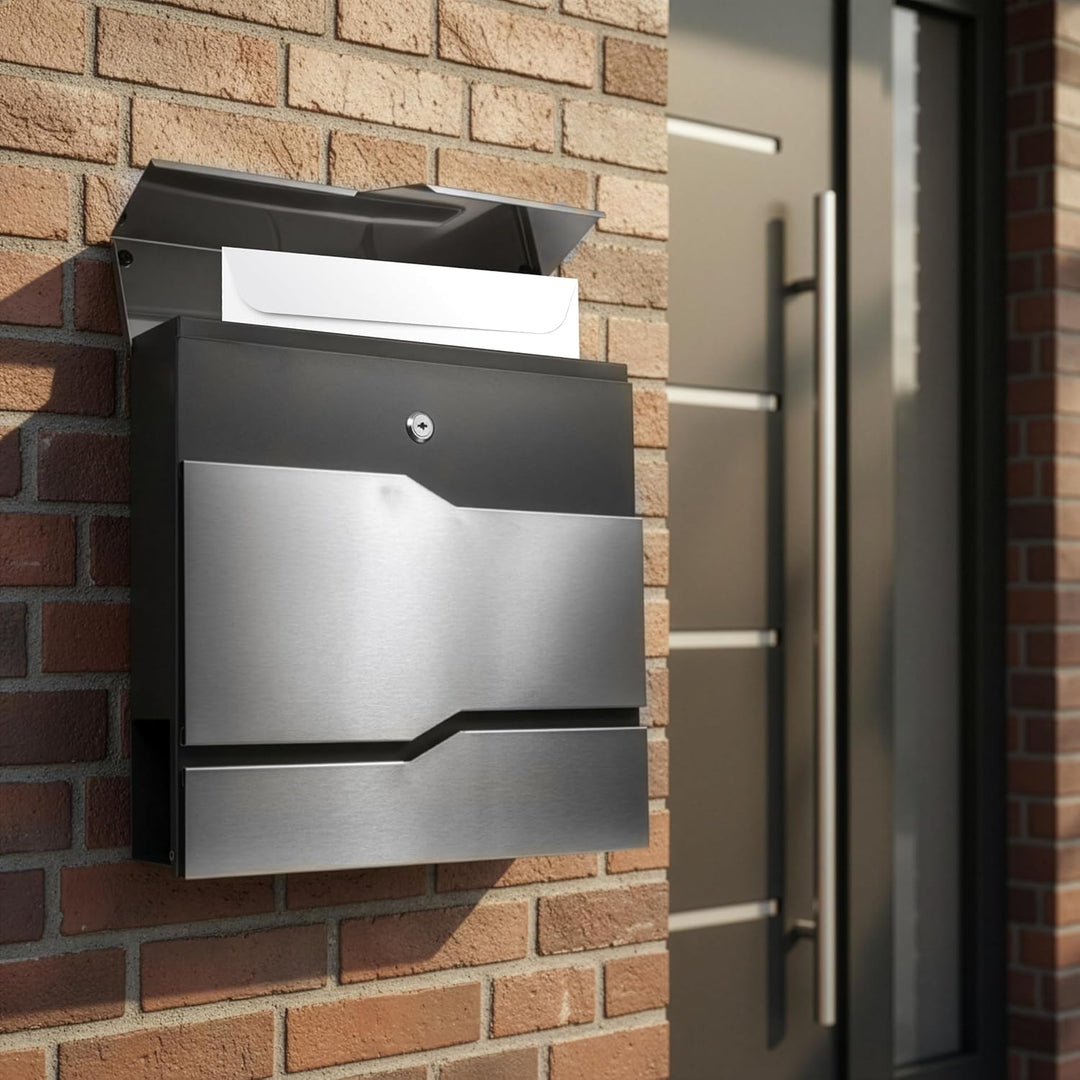 Grafner Premium Briefkasten personalisiert, Edelstahl mit Zeitungsfach und 2 Schlüssel, moderner Pos