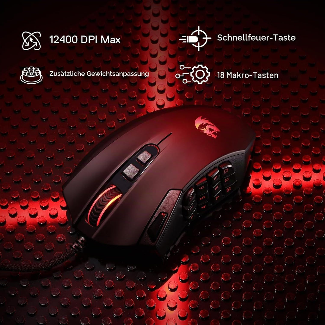 Redragon M921 MMO Gaming-Maus, 12400 DPI hochpräzise kabelgebundene RGB-Maus mit 18 programmierbaren