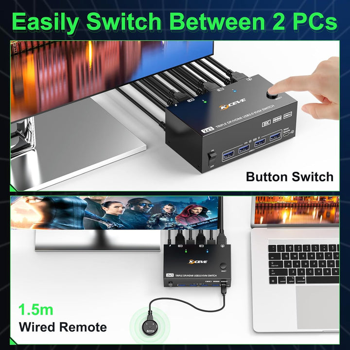 KVM Switch 2 PC 3 Monitore HDMI+2 Displayport 8K@60Hz 4K@144Hz, MLEEDA Triple Monitor KVM Switch für