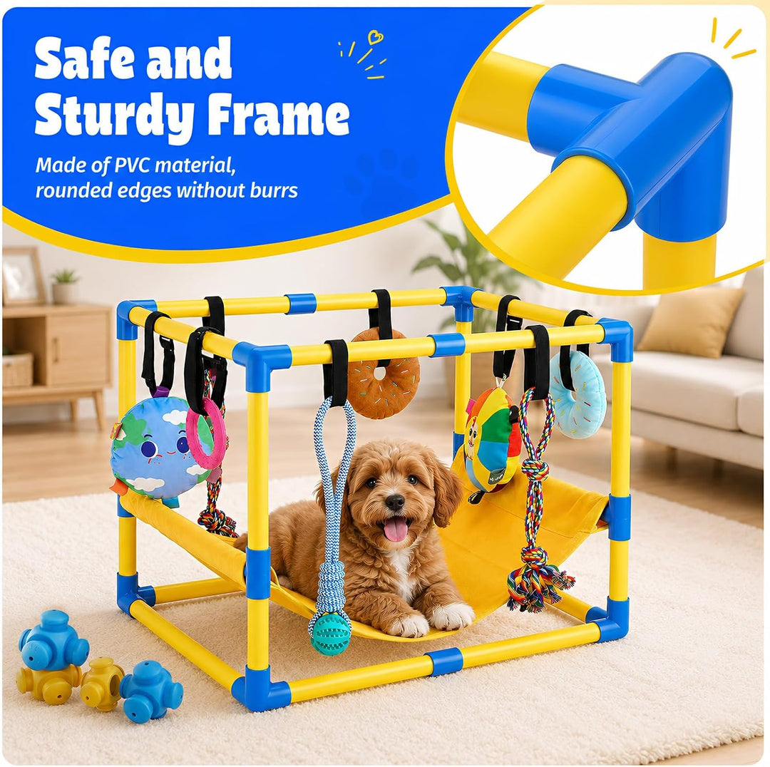 Welpen Spielgerüst Welpenspielstudio mit 8 hängenden Spielzeugen Wurfbox | für kleine Hunde Indoor S