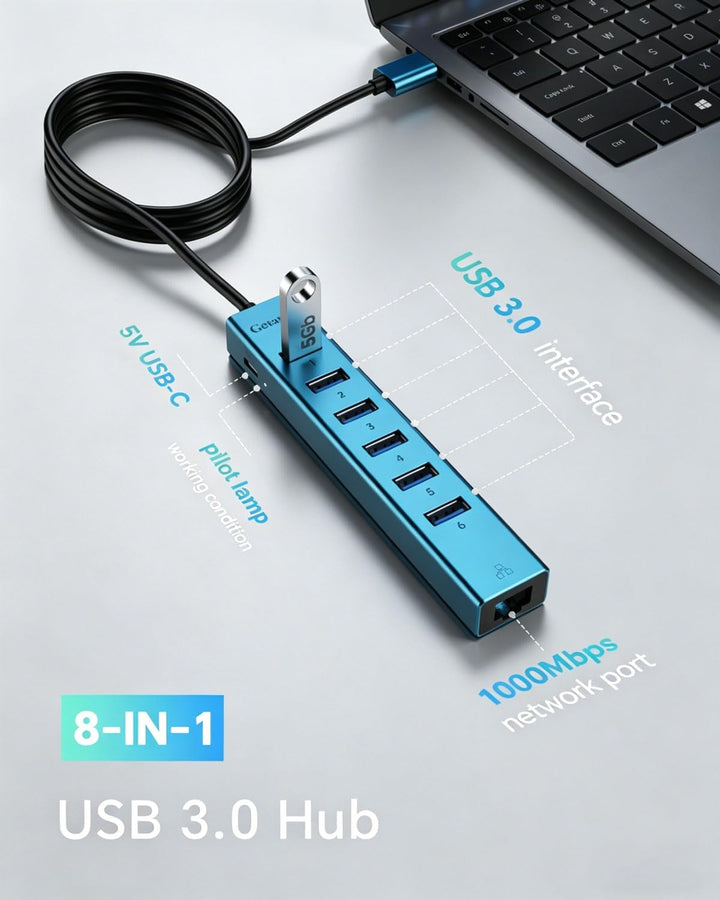 120cm USB auf Ethernet Adapter mit 6-Port USB 3.0 Hub, RJ45 Gigabit Netzwerkadapter, Typ-C 5V Input,