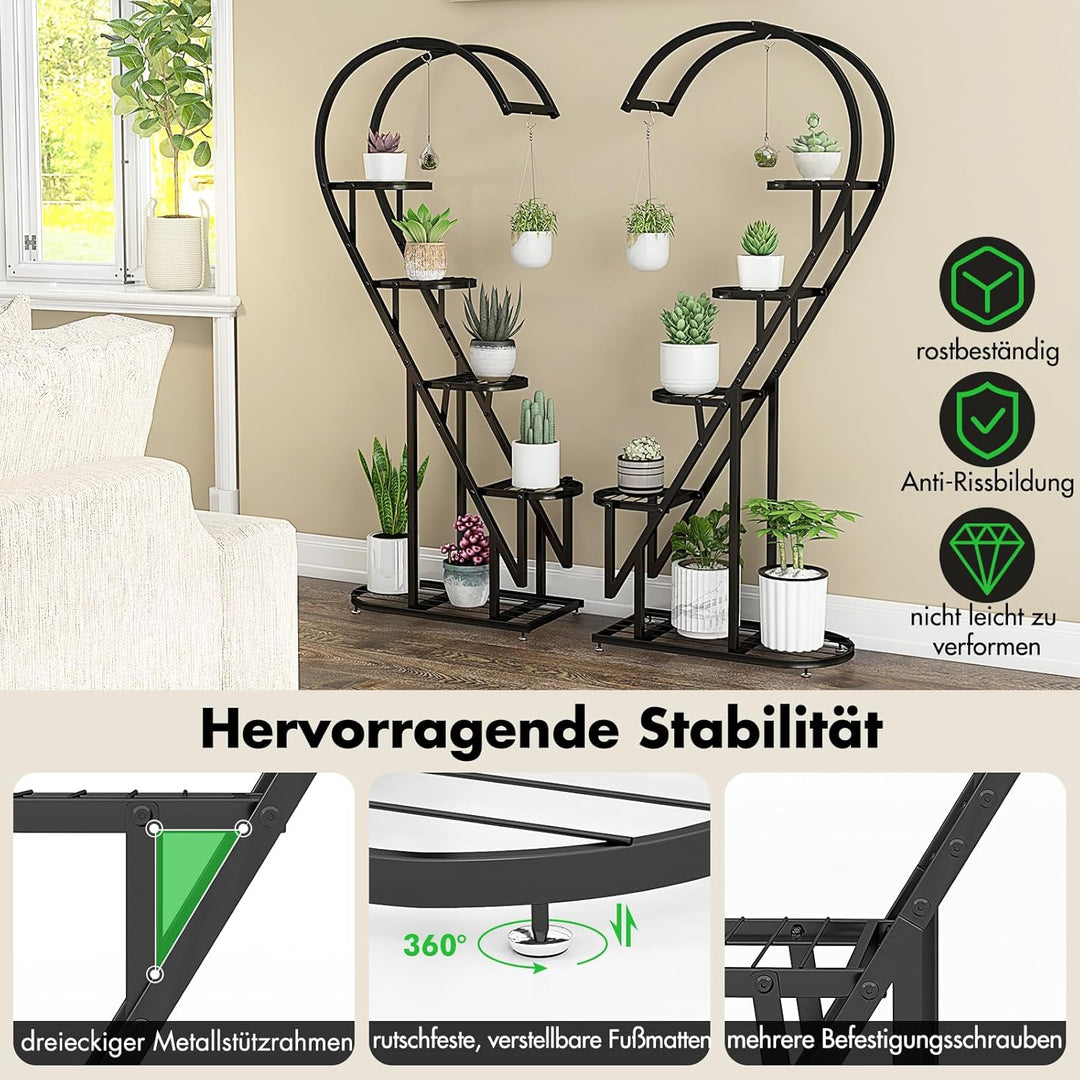 RELAX4LIFE 5-stufiger Pflanzenständer Metall, Blumentreppe Herzförmig, Pflanzenregal mit 4 Haken, Bl
