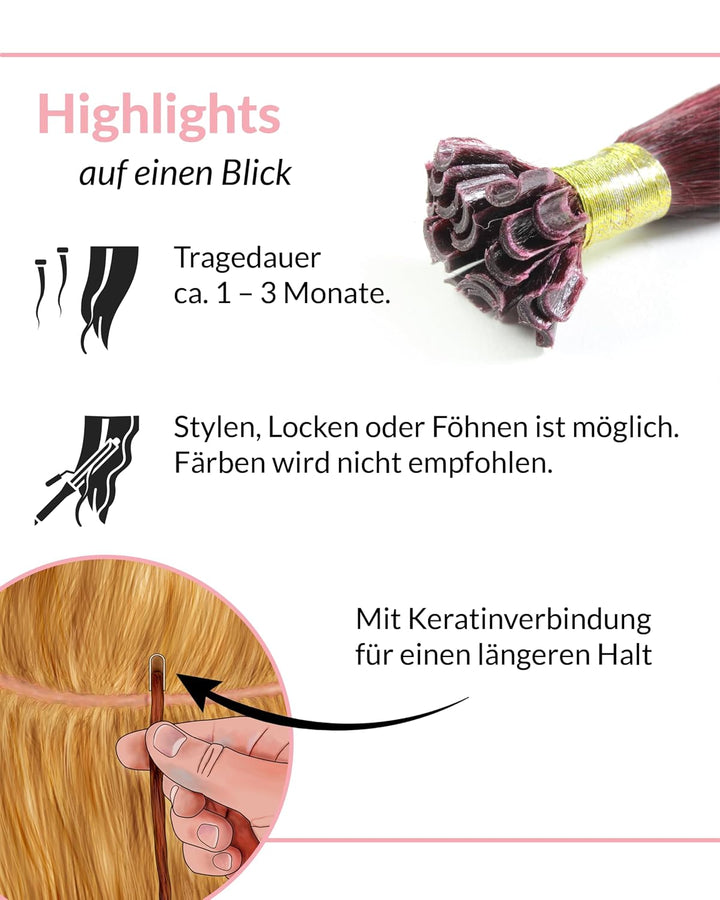 hair2heart Extensions Echthaar Bondings Glatt - 100 Strähnen 0.5g 30cm Burgundy 