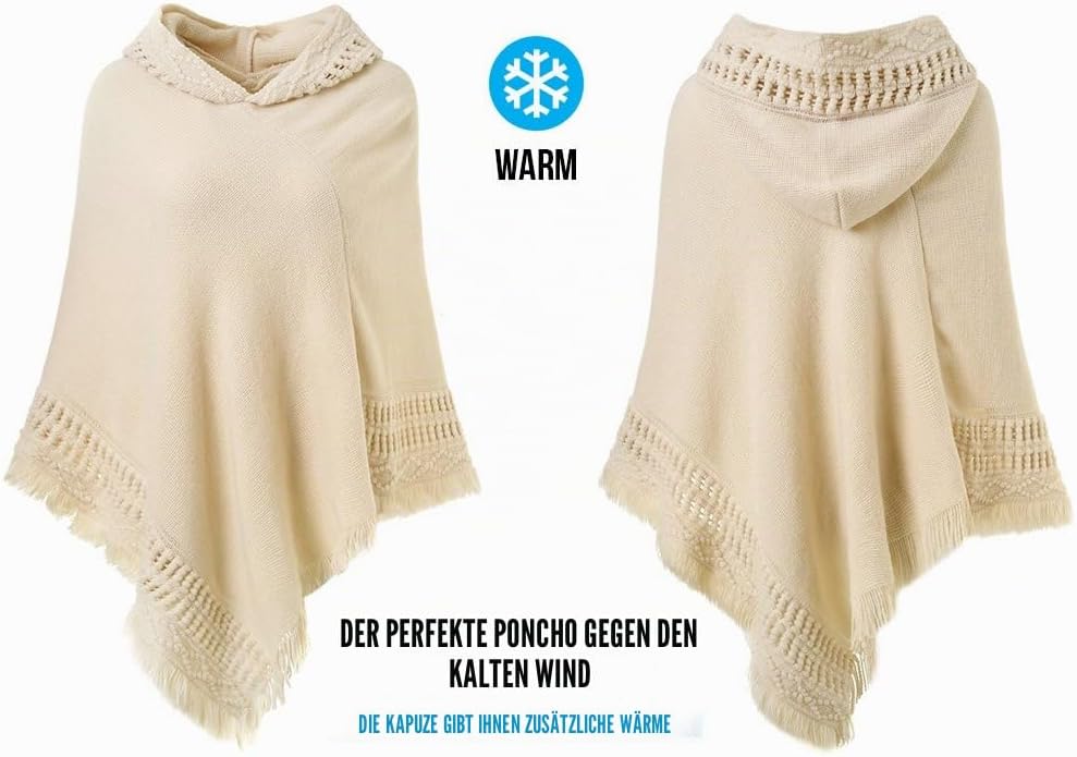 Ferand Damen Poncho mit Kapuze und gehäkeltem Cape mit Fransensaum für Herbst Winter Einheitsgrösse