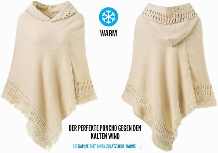 Ferand Damen Poncho mit Kapuze und gehäkeltem Cape mit Fransensaum für Herbst Winter Einheitsgrösse