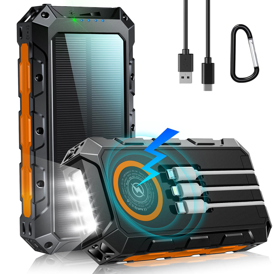 52800mAh Solar Powerbank, 30W PD Power Bank Schnellladefunktion mit 3 Integrierten Kabel, 7 Ausgänge