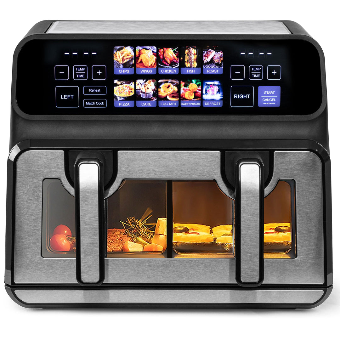 Heissluftfritteuse 9 L Doppelkammer Airfryer – 2200 W Starke Leistung, Sichtfenster, Farb-LED-Displa