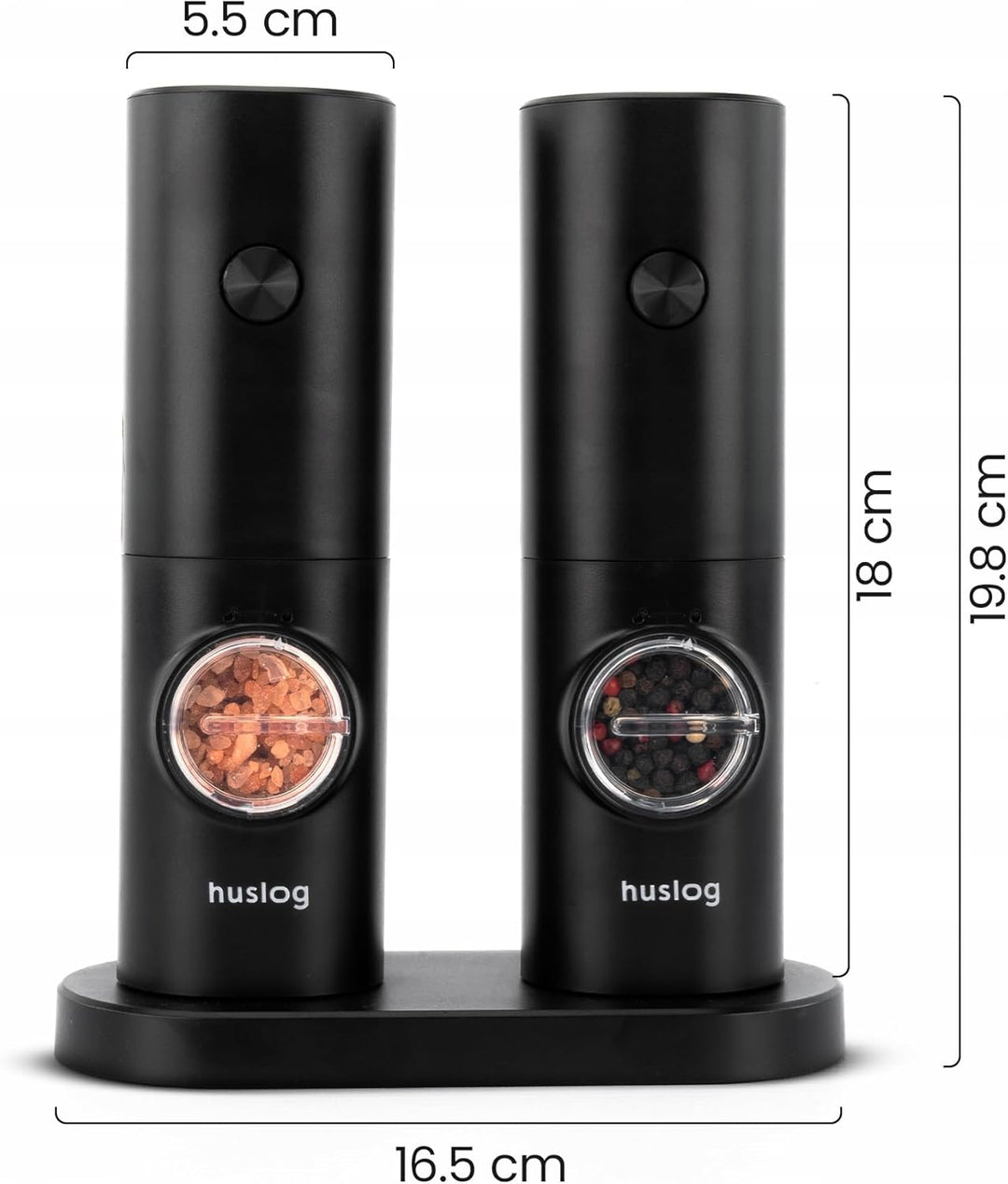 Elektrische Salz und Pfeffermühlen 2er Set, Ständer und einstellbarem, Batteriebetrieben, Schwarz
