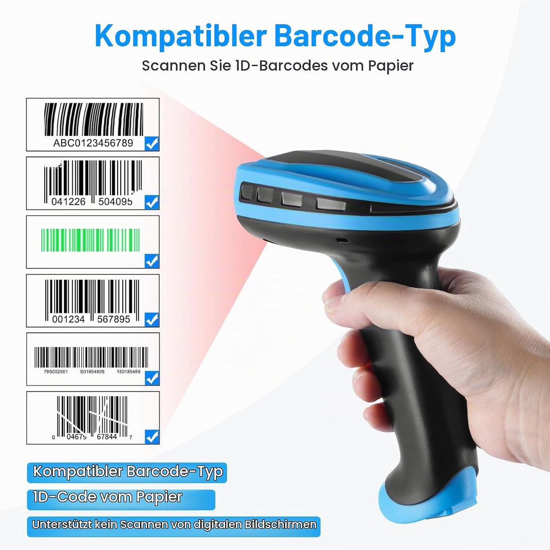 Barcode Scanner Wireless, Wiederaufladbare 1D Laser Kabelloser Scanner, Handscanner Kabellos Vielsei