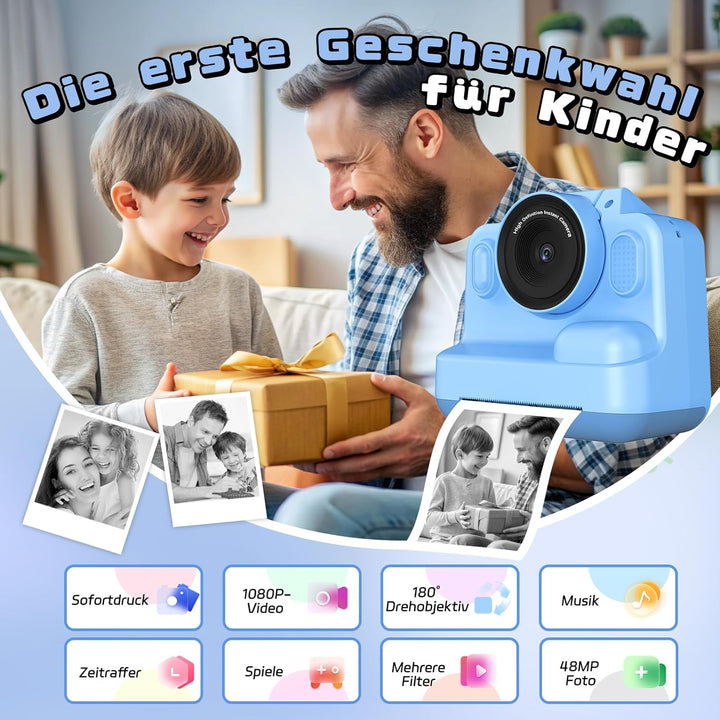 Sofortbildkamera Kinder, 1080P Kinderkamera Sofortbildkamera mit 180° Klappobjektiv, 2" Kinderkamera