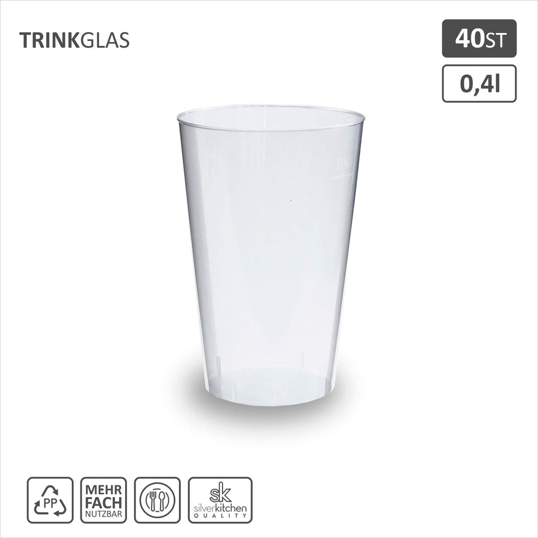 Silverkitchen Trinkbecher aus Hartplastik, Glasklar, 400ml, 40 Stück + 4 Extrabecher (1er Pack) Bech