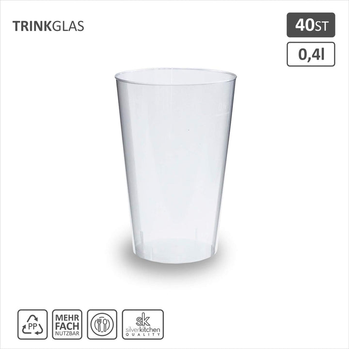 Silverkitchen Trinkbecher aus Hartplastik, Glasklar, 400ml, 40 Stück + 4 Extrabecher (1er Pack) Bech