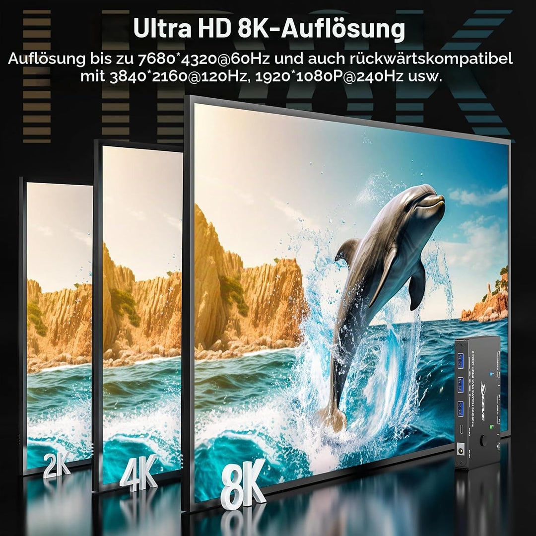 8K HDMI KVM Switch 2 Port 8K@60Hz 4K@120Hz, 2 PC 1 Monitor | USB 3.0 KVM Switch HDMI 2.1 für 2 Compu