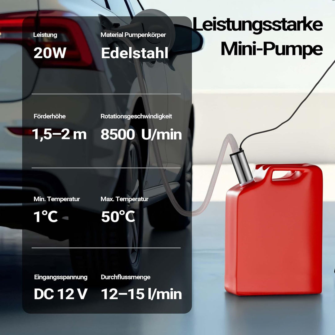 Wiltec Mini Pumpe 12-15 l/min 8500 U/min 12 V, 16 mm Auslass, Tauchpumpe für Wasser und Dieselöl, zu
