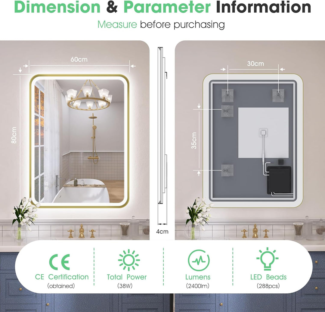 S'bagno Badspiegel mit Beleuchtung 80x60 cm, Badezimmerspiegel mit Beleuchtung mit Aluminiumrahmen,