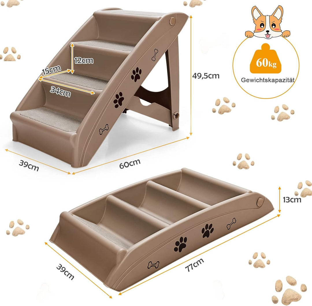 GOPLUS Hundetreppe mit 4 Stufen, Tragbare Tiertreppe aus Kunststoff, Klappbare Treppe für Haustiere,