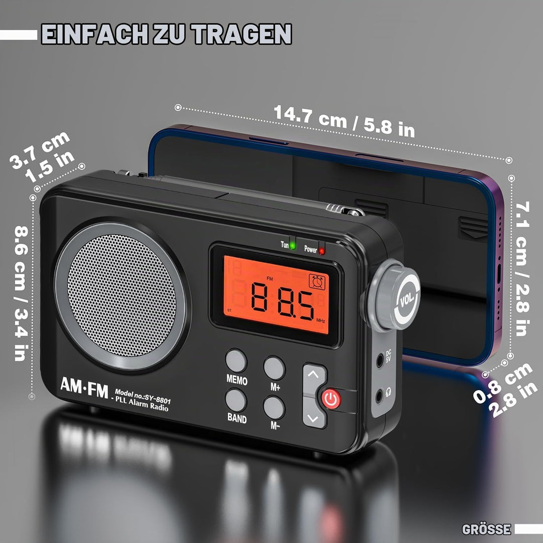 Tendak Radio Batteriebetrieben FM UKW AM, Radio Klein mit Grosses Display/Timing-Funktion/Wecker, Tr