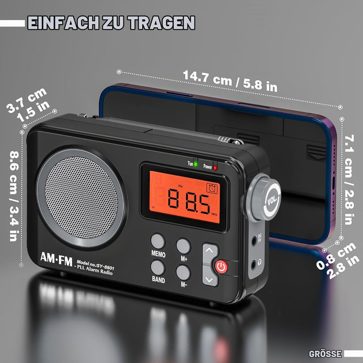 Tendak Radio Batteriebetrieben FM UKW AM, Radio Klein mit Grosses Display/Timing-Funktion/Wecker, Tr