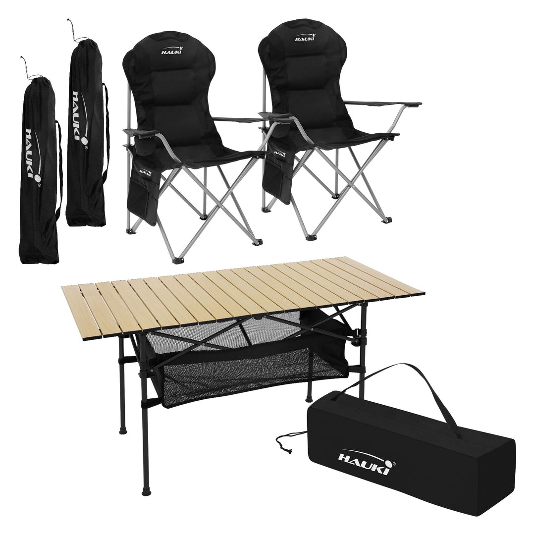 Hauki Campingmöbel Set 3tlg. Campingtisch faltbar Beige mit 2 Campingstühlen Schwarz, Camping-Set fü