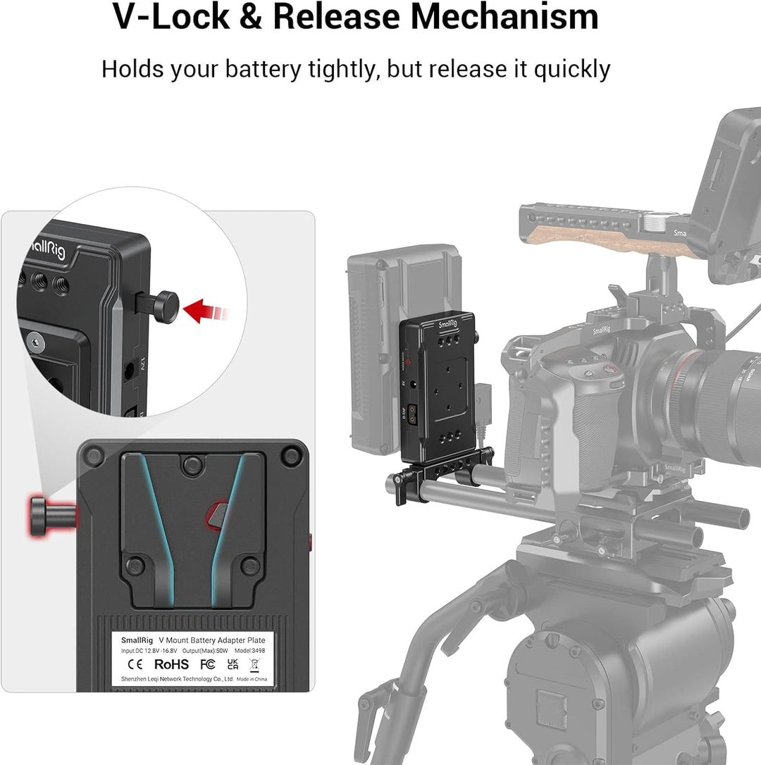 SMALLRIG V-Mount Akkuplattenadapter mit doppelter 15-mm-Stabklemme, für spiegellose/DSLR-Kamera, für