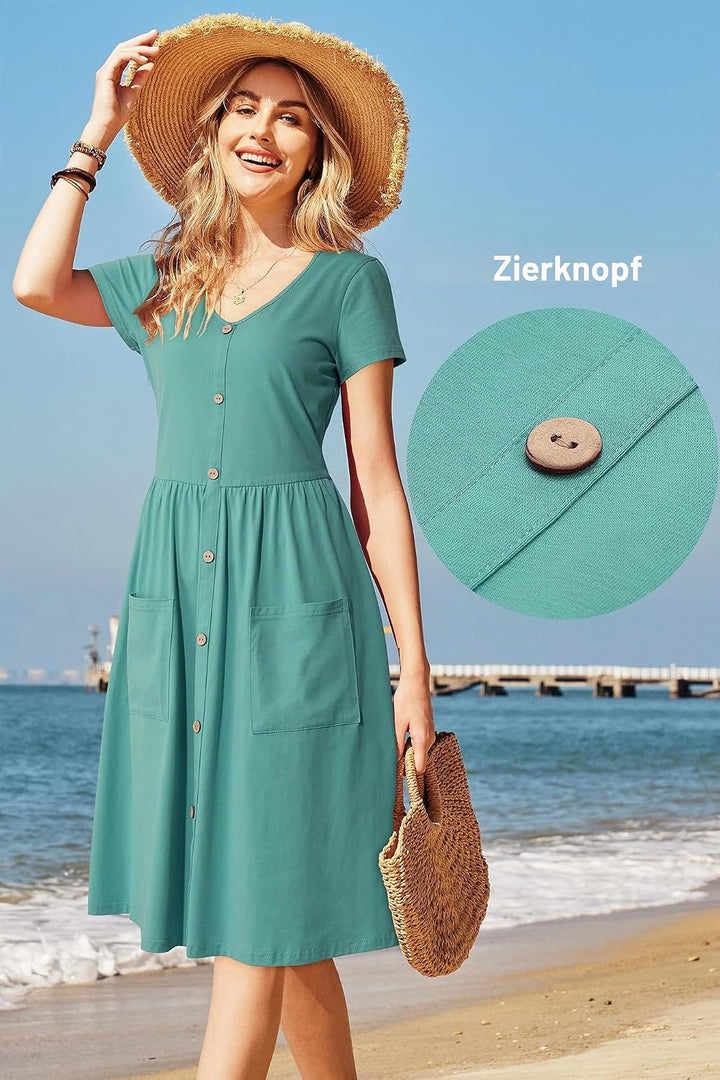 OUGES Sommerkleid Damen Casual Kleid V-Ausschnitt Midi Kleider Knopfleiste Freizeitkleid mit Taschen
