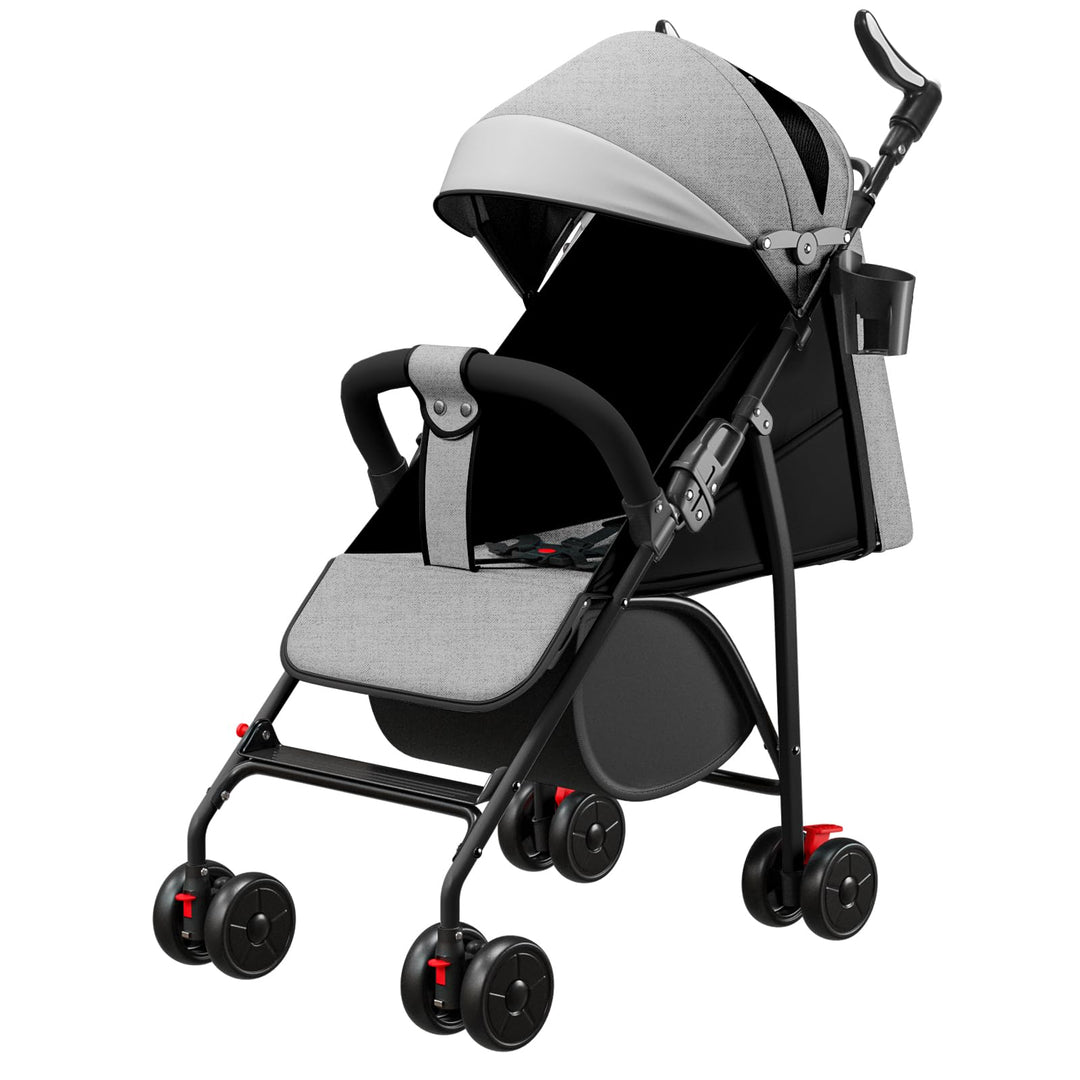 Kinderwagen mit 4 Rädern, bis zu 25 kg, grosses Verdeck, kompaktes Zusammenklappen, neigbare Rückenl
