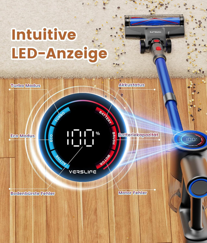 VersLife Akku Staubsauger 500W/45 Min/40kPa, Staubsauger Kabellos Selbstladender mit Smart LED-Displ