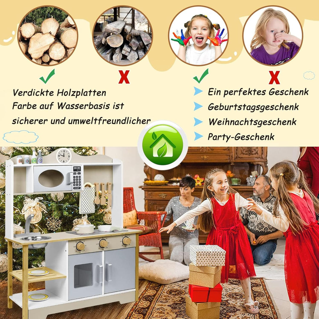 LARS360 Kinderküche Holz mit umfangreichem Zubehör - Enthält Mikrowelle, Backofen, Spüle, Kochutensi