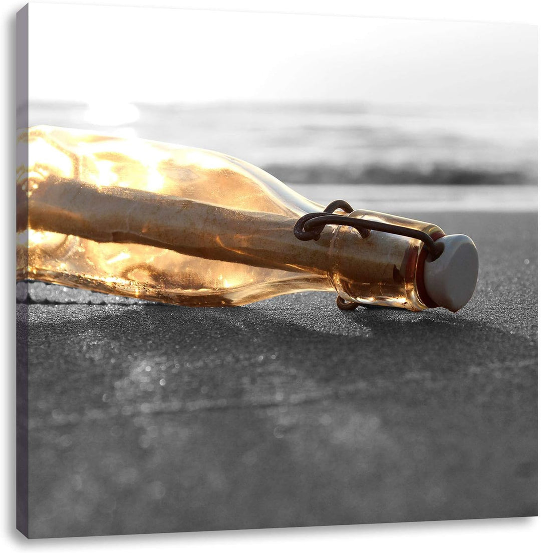 Pixxprint einsame Flaschenpost am Strand als Leinwandbild Quadratisch/Grösse: 70x70 / Wandbild/Kunst