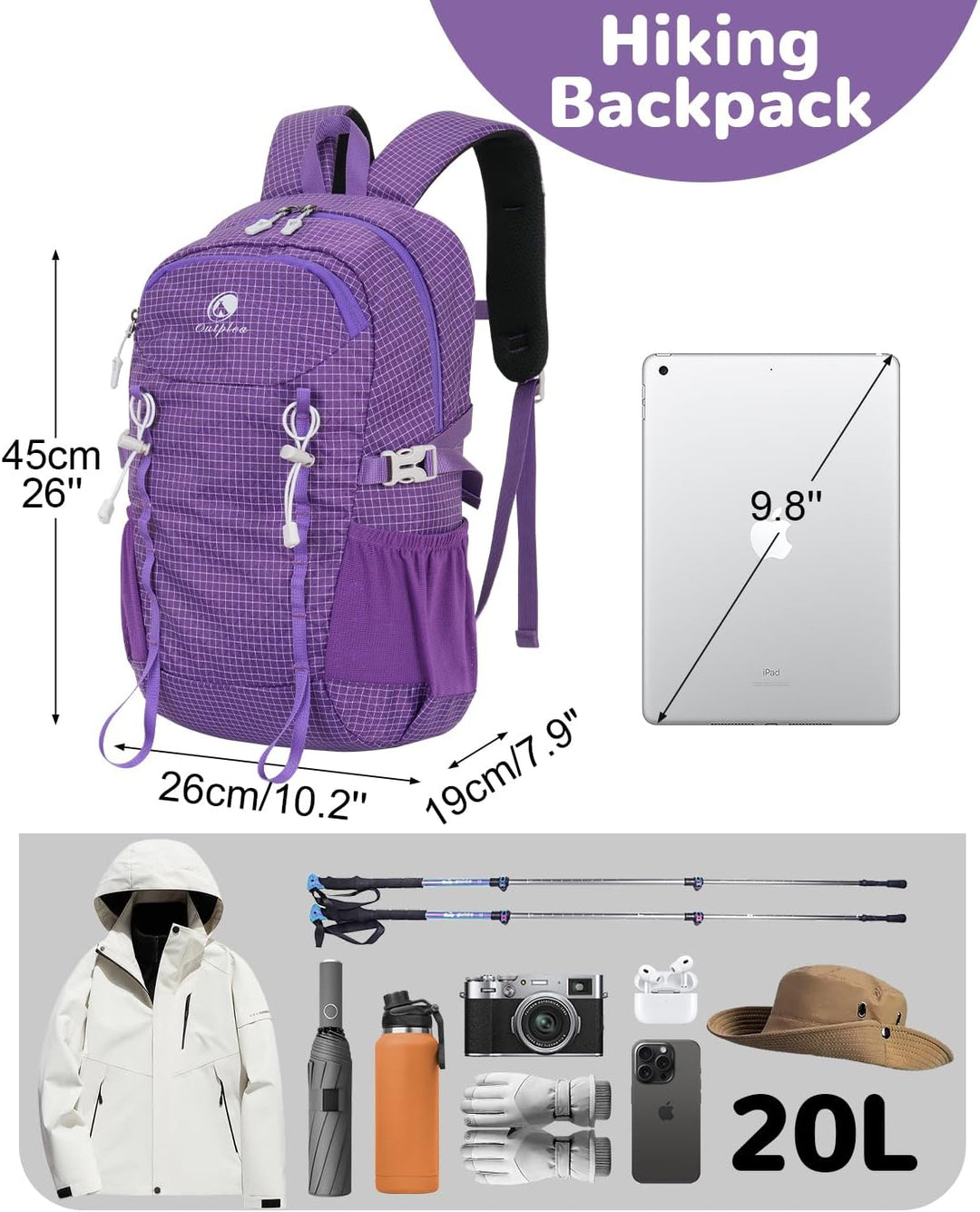 20L Klein Wanderrucksack Damen Herren, Leicht Tagesrucksack mit Rückenbelüftung 3D Air Mesh, Daypack