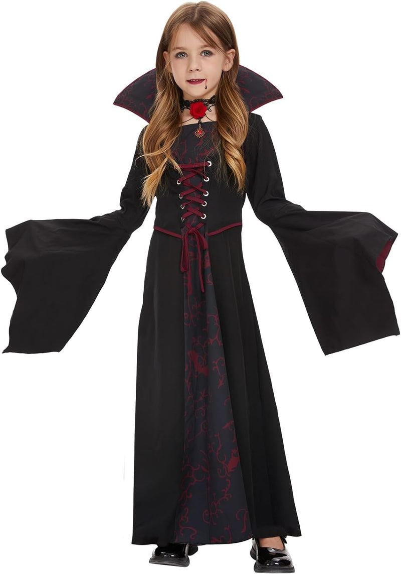 FORMIZON Vampir Kostüm Mädchen, Gothic Vampirkostüm mit Rosen Rubin Halskette, Schwarz Rot Vampir Ha