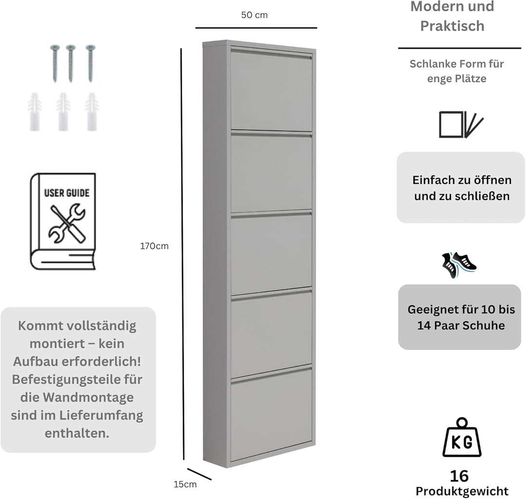 furni24 Schuhschrank, 5 Klappen, Metall, 10–14 Paar, wandmontierbar, vormontiert – Grau 5 Klappen Gr