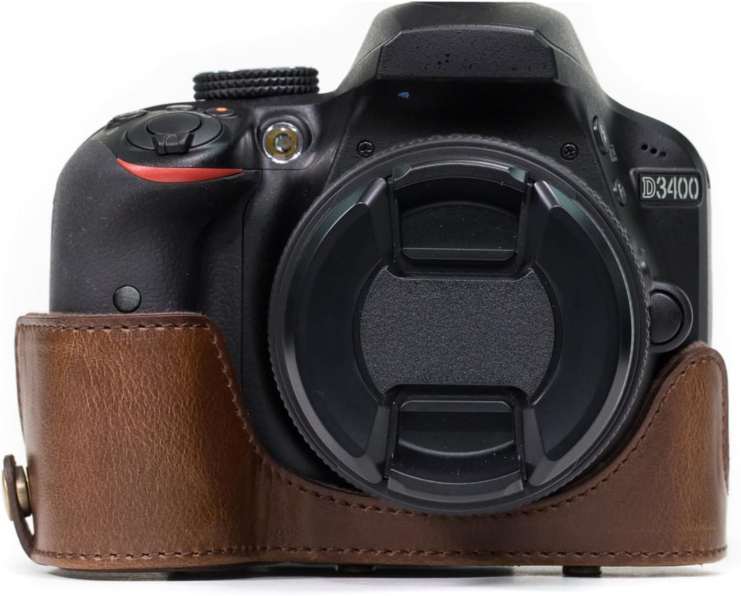 MegaGear Nikon D3400 Ever Ready Leder Kamera-Case mit Trageriemen und Batteriezugang Dunkelbraun MG8
