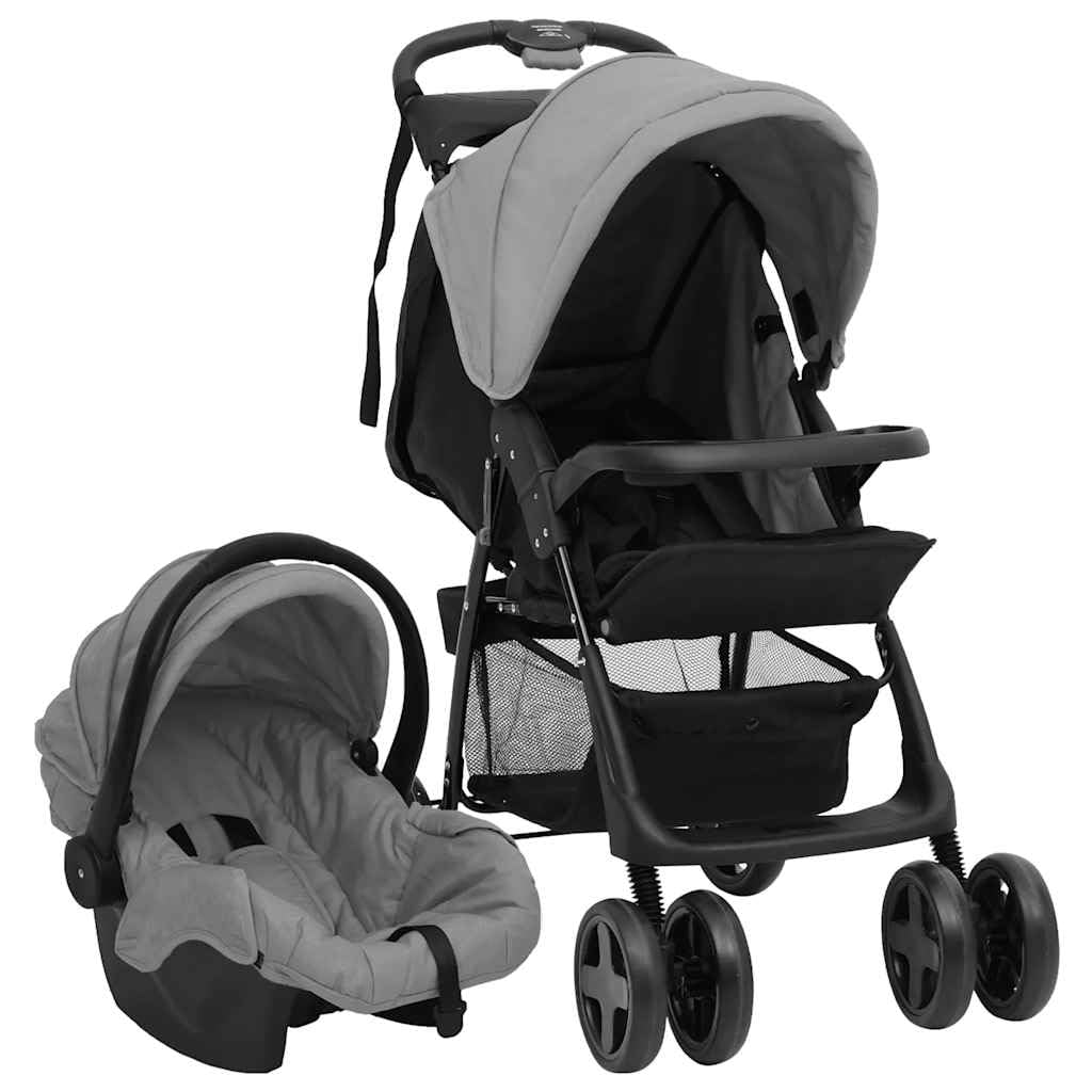 vidaXL 3-in-1 Kinderwagen Hellgrau und Schwarz Stahl, Grau