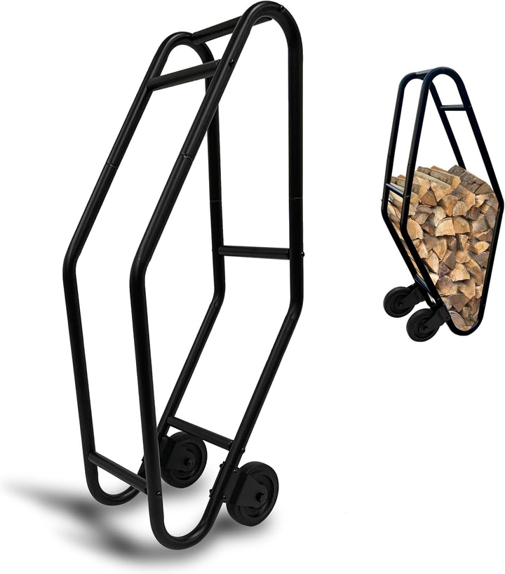 QUICK STAR Kaminholztrolley, 25x40x95 cm, Schwarz Pulverbeschichtet, 2 Gummierte Räder, Stahl