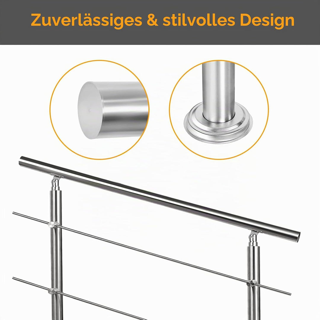 Sonnewelt Handlauf Edelstahl, 100 cm gebürsteter Edelstahl, Treppengeländer mit ohne Querstreben für