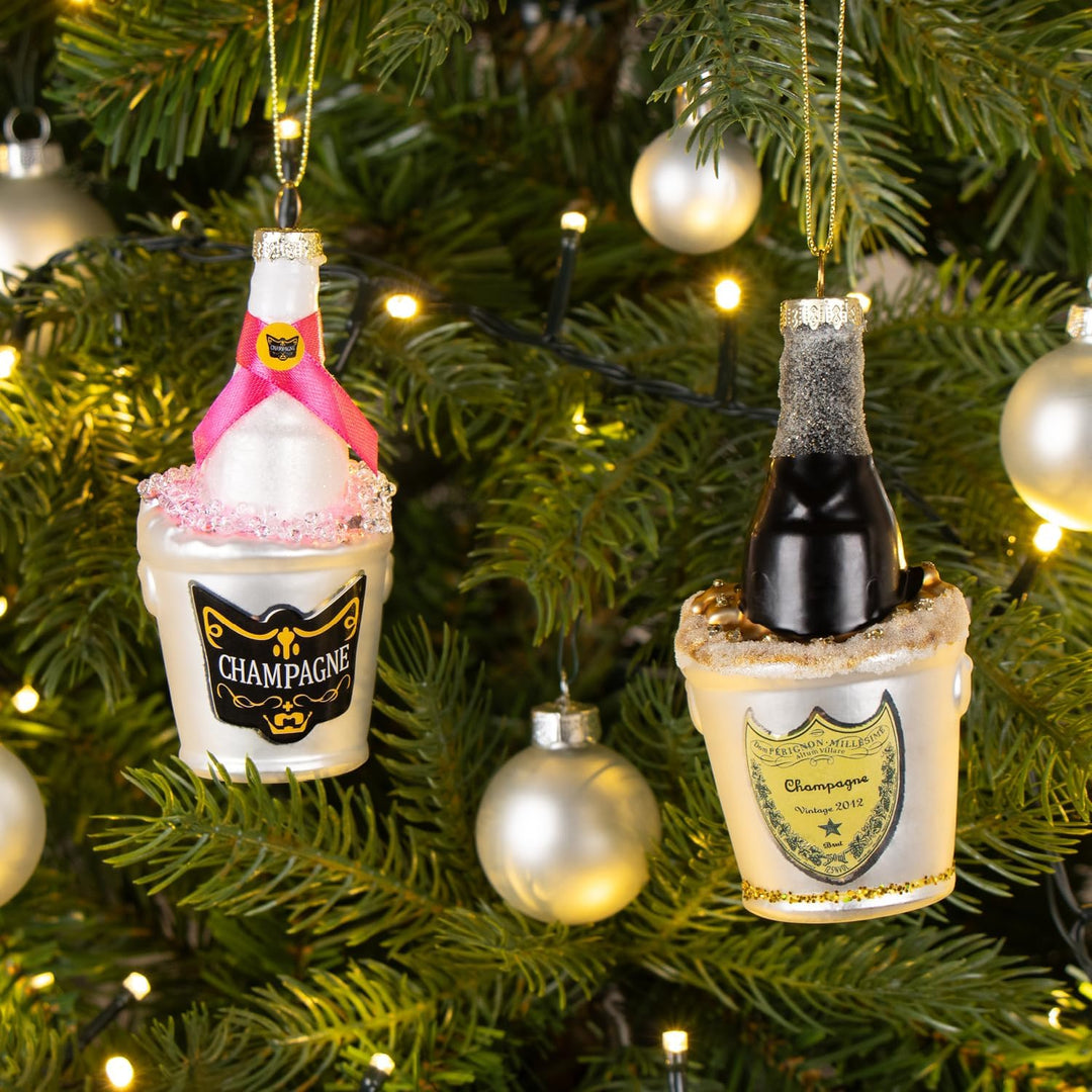 com-four® 2X Christbaumschmuck - Deko-Champagnerflasche im Sektkühler - besondere Baumkugeln als Wei