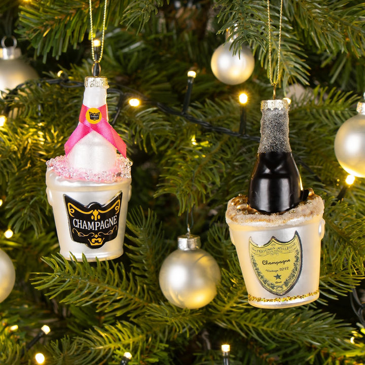 com-four® 2X Christbaumschmuck - Deko-Champagnerflasche im Sektkühler - besondere Baumkugeln als Wei