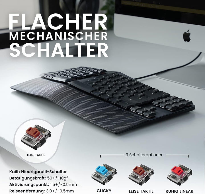 Perixx PERIBOARD-335BR DE, Kabelgebundene ergonomische mechanische Tastatur – Low-Profile Brown Clic